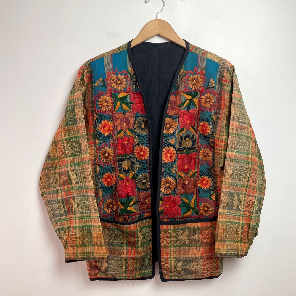Vintage Folk Floral Embroidered Woven Patchwork Jacket Large Boho Eclectic Coat